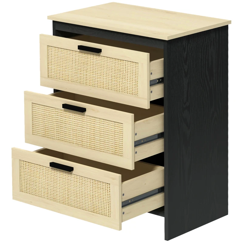 HOMCOM Comoda cu 3 Sertare din PAL si Ratan pentru Sufragerie si Dormitor, 60x40x80 cm, Negru si Lemn Natur