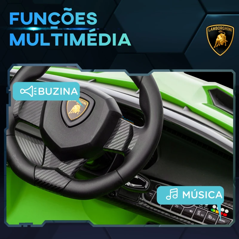 HOMCOM Carro Elétrico Lamborghini 12V Velocidade Máxima 7 km/h com Controlo Remoto MP3 Luzes e Cinto de Segurança 111x61x45 cm Verde
