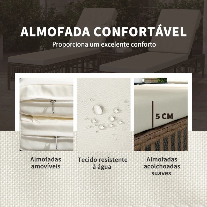 Outsunny Conjunto de 2 Espreguiçadeiras de Vime Sintético com Mesa de Centro Encosto Reclinável em 5 Posições 196x54x32cm Bege