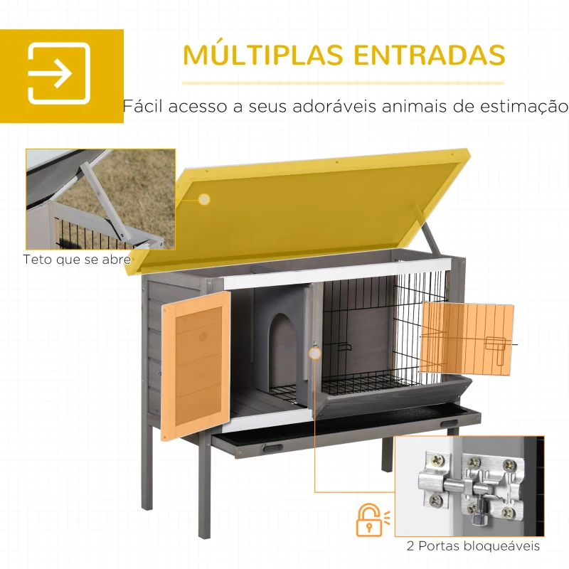 PawHut Coelheira de Madeira Exterior Gaiola Elevada para Coelhos Cobaias Animais Pequenos com Teto Asfáltico Abatível Comedouro Bandejas Removíveis e 2 Portas 91x46x71cm Cinza