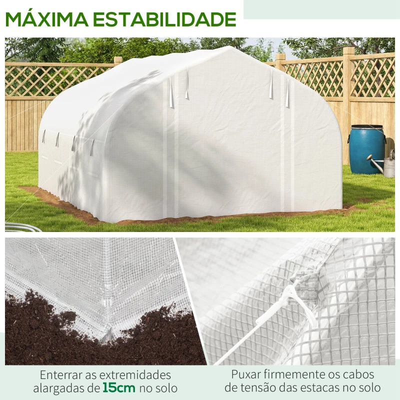 Outsunny Estufa Tipo Túnel 395x300x200 cm com Porta de Malha e 8 Janelas Estufa de Jardim com Cobertura de PE Branco