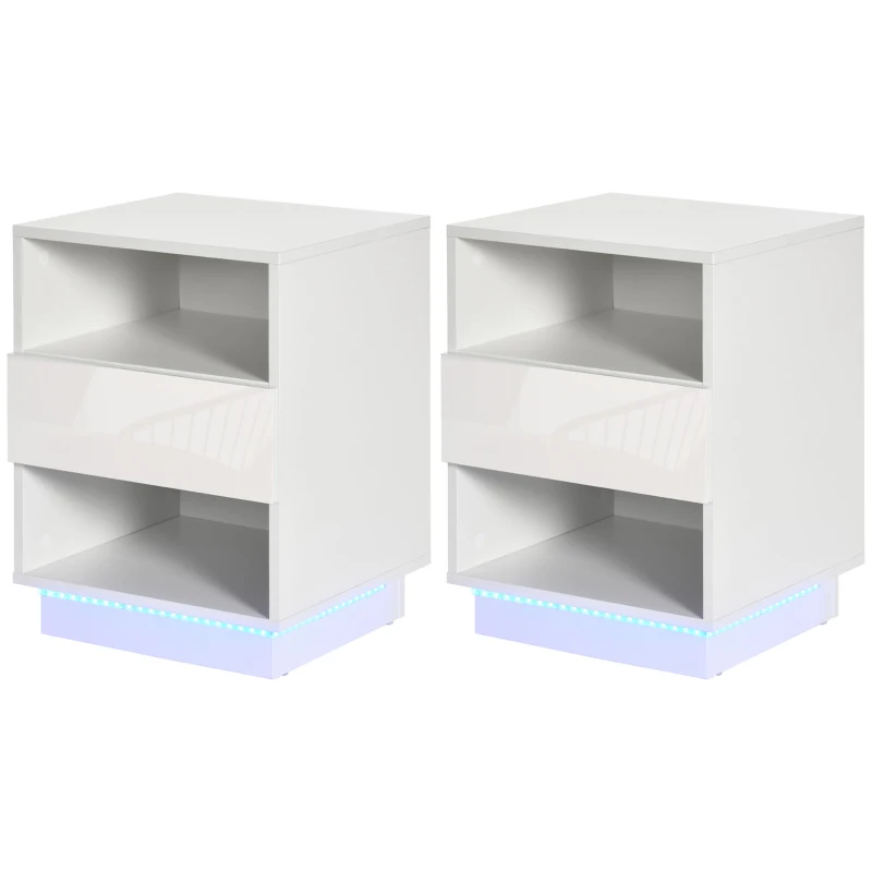 HOMCOM Noptiere moderne cu ED, Set 2 piese din PA alb cu sertar si 2 rafturi deschise, 40x40x55 cm