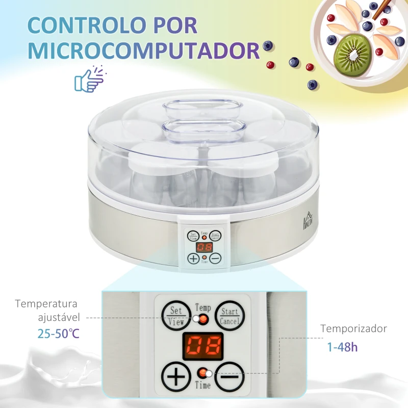 HOMCOM Iogurteira 20W Capacidade 1,26L com 7 Frascos de Cristal de 180 ml Termóstato Ajustável Temporizador de 1-48 horas 24x24x13 cm Branco