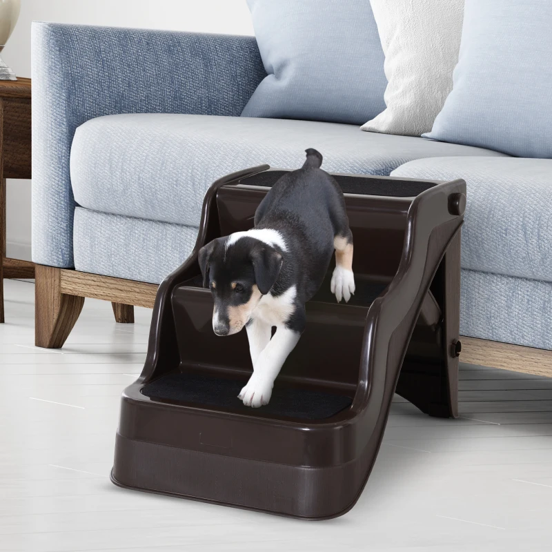 PawHut Escalier pour chien animaux pliable 3 marches antidérapant pliable portable charge max. 15 Kg 49L x 39l x 39H cm plastique marron foncé