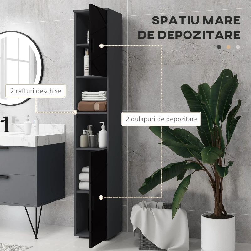 kleankin Dulap Baie, Inalt de 183cm, Dulap cu 2 rafturi deschise si doua dulapuri cu 2 nivele, Negru