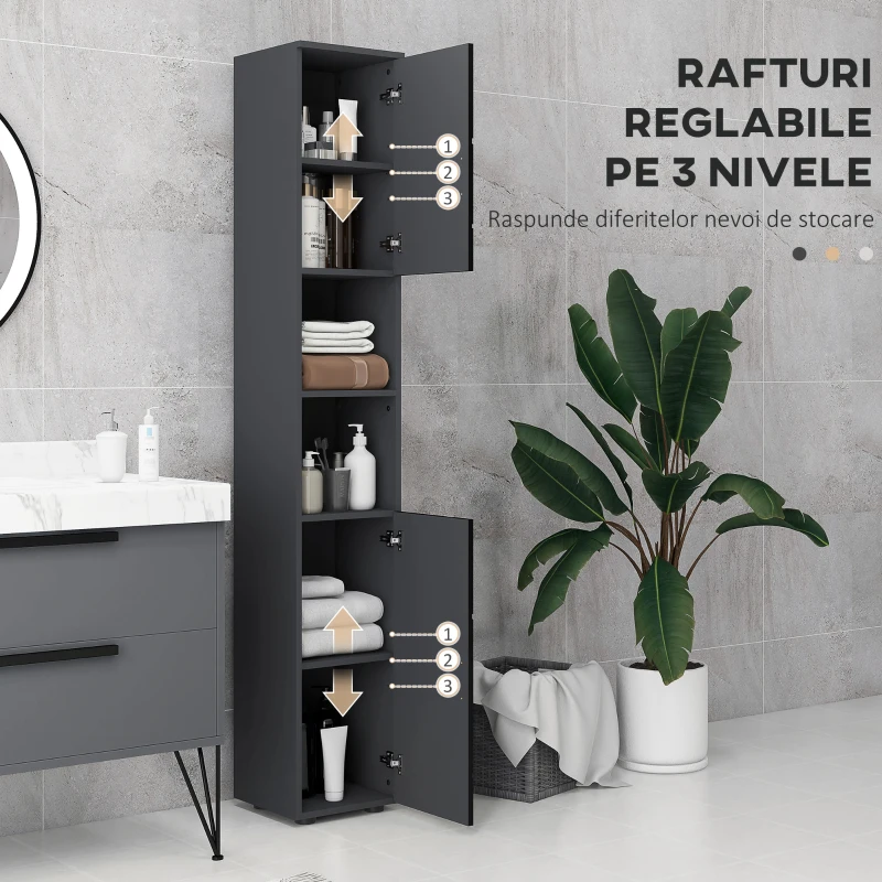 kleankin Dulap Baie, Inalt de 183cm, Dulap cu 2 rafturi deschise si doua dulapuri cu 2 nivele, Negru