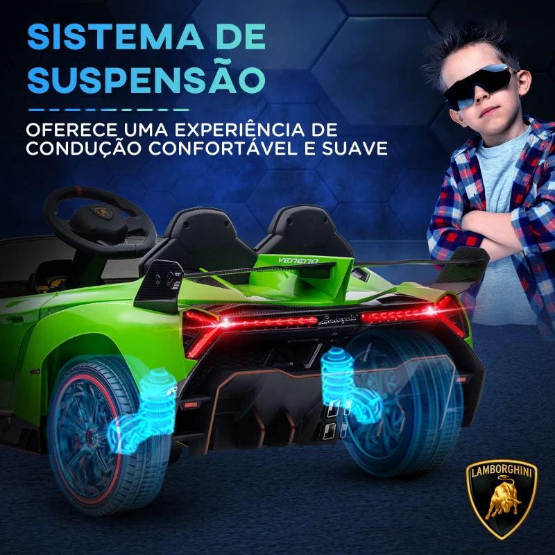 HOMCOM Carro Elétrico Lamborghini 12V Velocidade Máxima 7 km/h com Controlo Remoto MP3 Luzes e Cinto de Segurança 111x61x45 cm Verde
