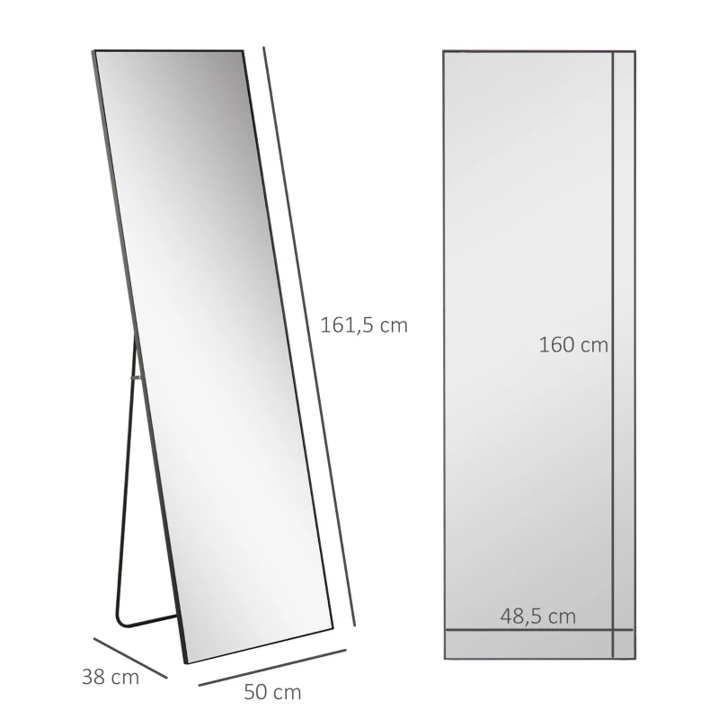HOMCOM Espelho de Pé Espelho de Corpo Inteiro de Liga de Alumínio com 2 Formas de Utilização 50x161,5x2 cm Preto