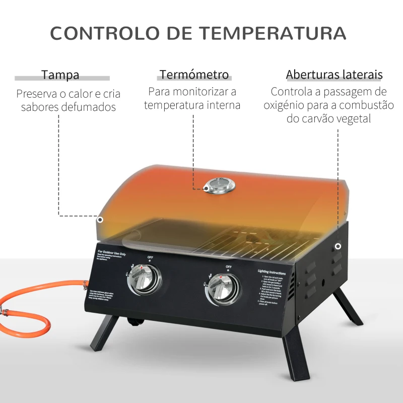 Outsunny Barbecue a Gás Dobrável com 2 Queimadores Churrasqueira à Gás Portátil com Termómetro para Campismo Piquenique ao Ar Livre Jardim 55x46,5x41cm Preto