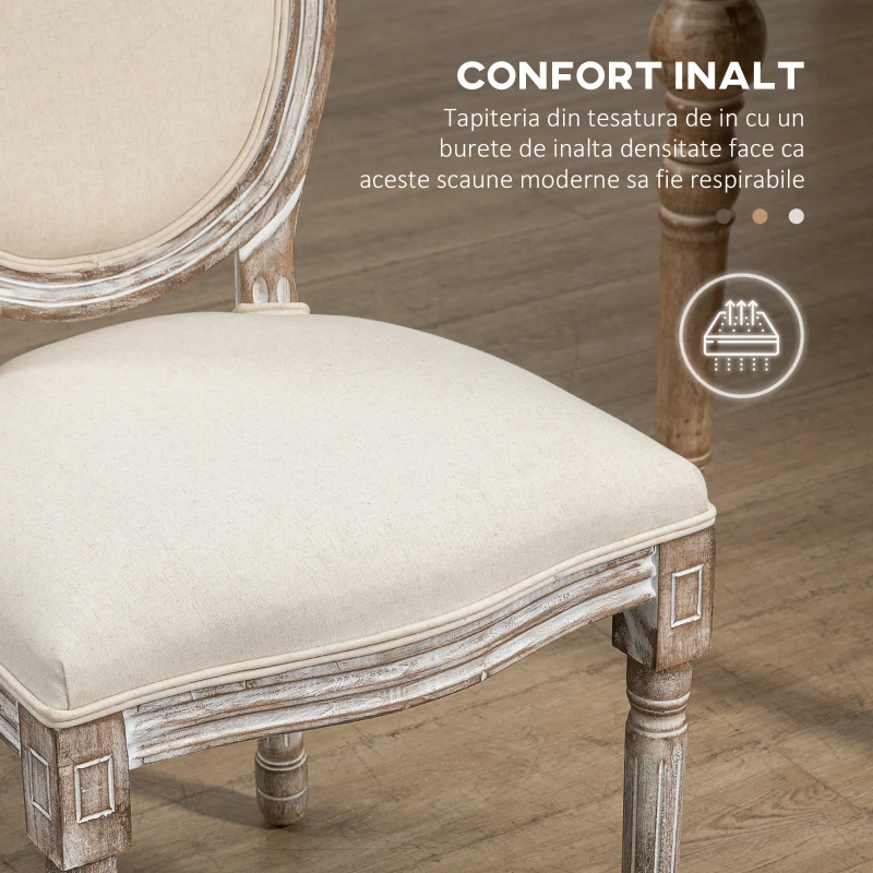 HOMCOM Set de 2 Scaune Vintage Fără Brațe, Scaune în Stil Franțuzesc cu Spătar Curbat și Tapițerie din In, Alb Crem