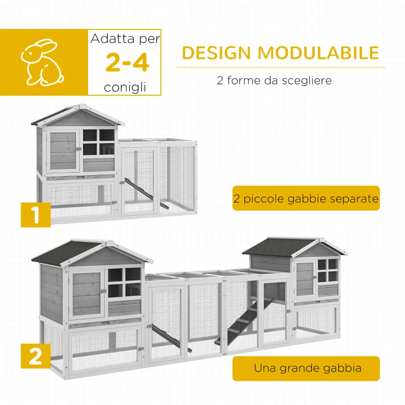 PawHut Adapost din Lemn pentru Iepuri  pentru Exterior cu 2 Custi si Zona Deschisa Imprejmuita cu Usi si Rampe, 259x64x92 cm, Gri