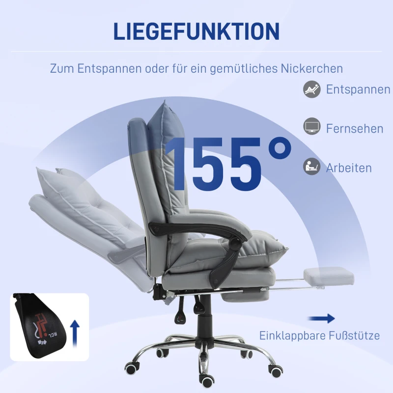 Vinsetto Ergonomische Bureaustoel, Verstelbare Zithoogte, Kantelbare Rugleuning, Kunstleer, Lichtgrijs(m-5)