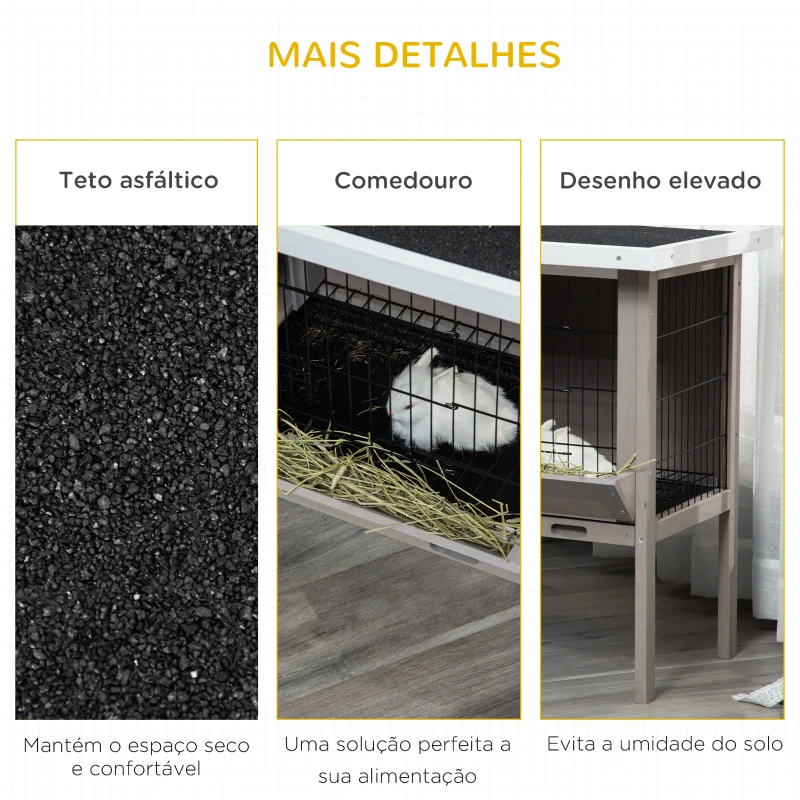 PawHut Coelheira de Madeira Exterior Gaiola Elevada para Coelhos Cobaias Animais Pequenos com Teto Asfáltico Abatível Comedouro Bandejas Removíveis e 2 Portas 91x46x71cm Cinza