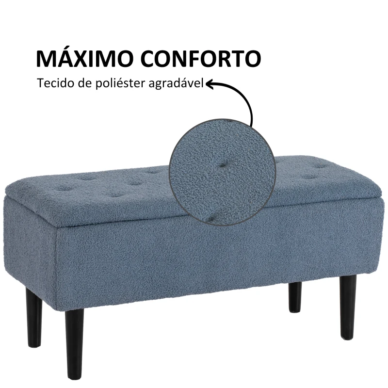 HOMCOM Banco de Armazenamento em Borrego Capacidade 47L Tampa Abatível e Pés de Madeira de Borracha Carga 120 kg 95x38x45 cm Azul