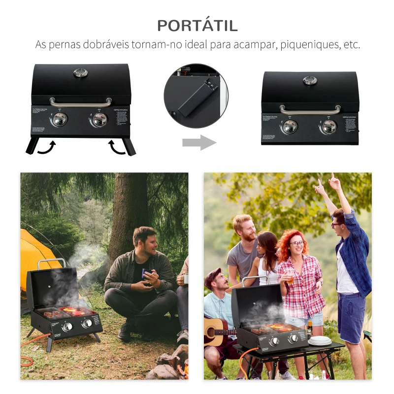 Outsunny Barbecue a Gás Dobrável com 2 Queimadores Churrasqueira à Gás Portátil com Termómetro para Campismo Piquenique ao Ar Livre Jardim 55x46,5x41cm Preto