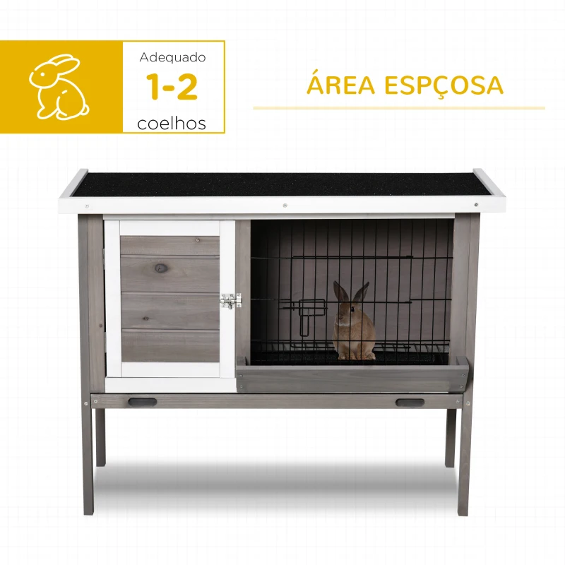 PawHut Coelheira de Madeira Exterior Gaiola Elevada para Coelhos Cobaias Animais Pequenos com Teto Asfáltico Abatível Comedouro Bandejas Removíveis e 2 Portas 91x46x71cm Cinza