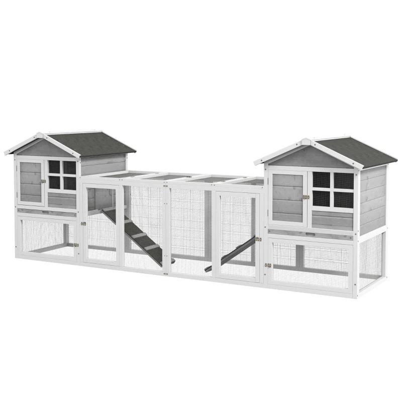 PawHut Adapost din Lemn pentru Iepuri  pentru Exterior cu 2 Custi si Zona Deschisa Imprejmuita cu Usi si Rampe, 259x64x92 cm, Gri