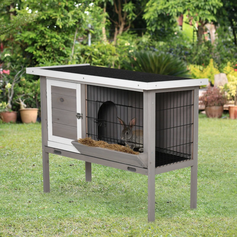 PawHut Coelheira de Madeira Exterior Gaiola Elevada para Coelhos Cobaias Animais Pequenos com Teto Asfáltico Abatível Comedouro Bandejas Removíveis e 2 Portas 91x46x71cm Cinza