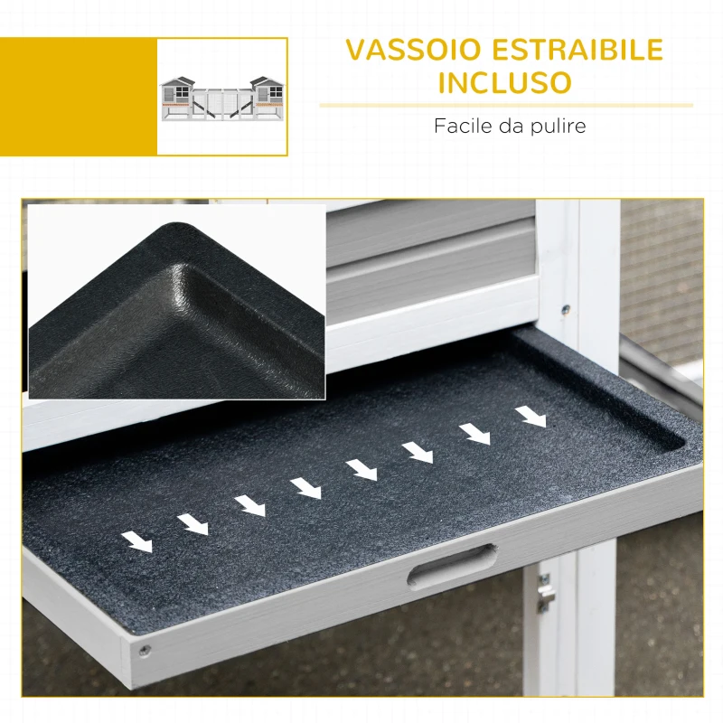 PawHut Adapost din Lemn pentru Iepuri  pentru Exterior cu 2 Custi si Zona Deschisa Imprejmuita cu Usi si Rampe, 259x64x92 cm, Gri