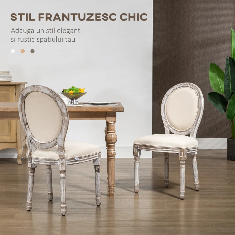 HOMCOM Set de 2 Scaune Vintage Fără Brațe, Scaune în Stil Franțuzesc cu Spătar Curbat și Tapițerie din In, Alb Crem