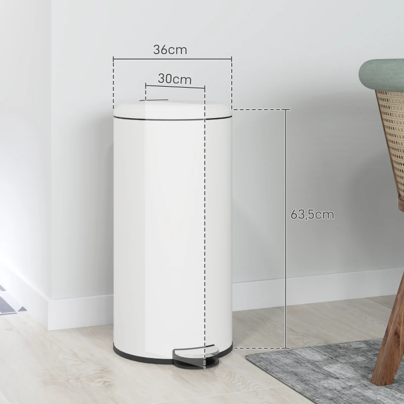 HOMCOM Prullenbak 30L, Pedaalemmer, Vergrendelbare Deksel, Pedal, Vlekbestendig, Crèmewit