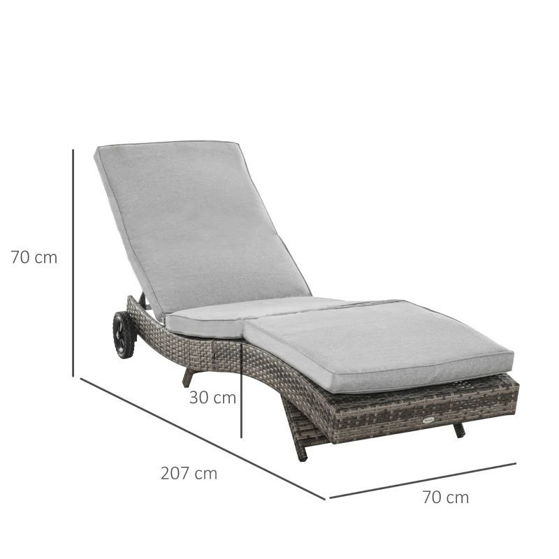Outsunny Espreguiçadeira de Vime Reclinável Espreguiçadeira de Jardim com 2 Rodas Encosto Ajustável em 5 Posições 207x70x70 cm Cinza