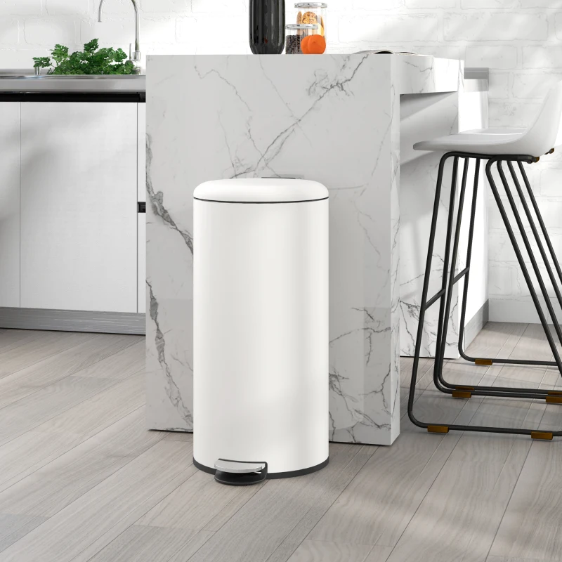 HOMCOM Prullenbak 30L, Pedaalemmer, Vergrendelbare Deksel, Pedal, Vlekbestendig, Crèmewit
