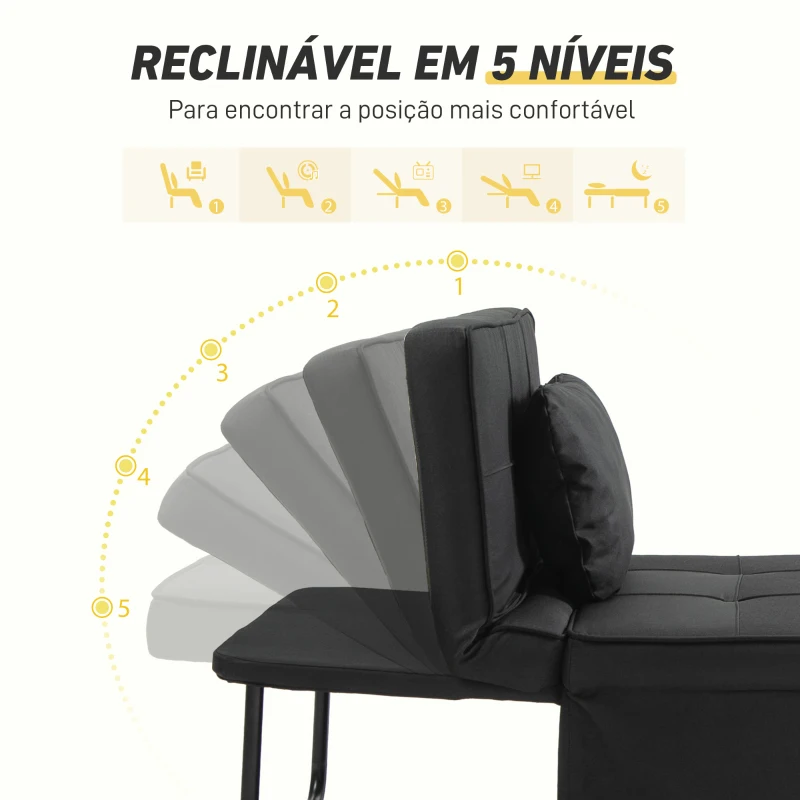 HOMCOM Sofá Cama Individual 3 em 1 Estofado em Linho Reclinável em 5 Posições com Apoio para os Pés e Apoio para a Cabeça 95x189x43 cm Preto