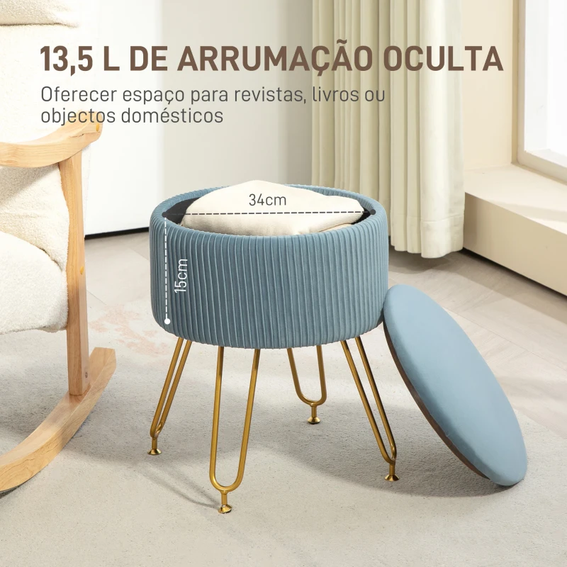 HOMCOM Puff de Armazenamento Estofado em Veludo Banco de Armazenamento com Pés de Aço Ø40x48 cm Azul Claro