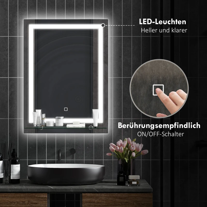kleankin LED Lustro łazienkowe, ściemnialne, przeciwmgielne, z przełącznikiem dotykowym, półka, 50 x 70 cm, Srebrny