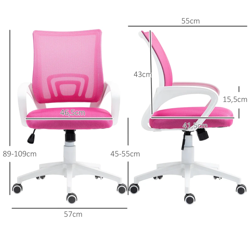 HOMCOM Cadeira de Escritório de Malha Giratória com Altura Ajustável Função Basculante e Apoio para os Braços 57x55x89-109 cm Rosa