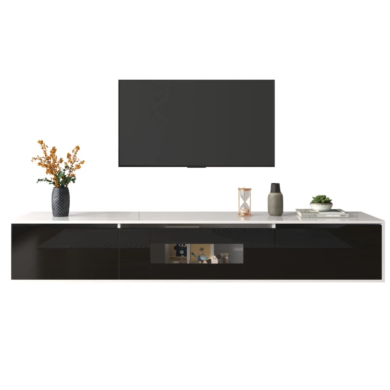 High-Gloss TV Cabinet with LED Lights, Modern Design, Versatile Mounting Options, 180L x 35W x 30H cm, Black