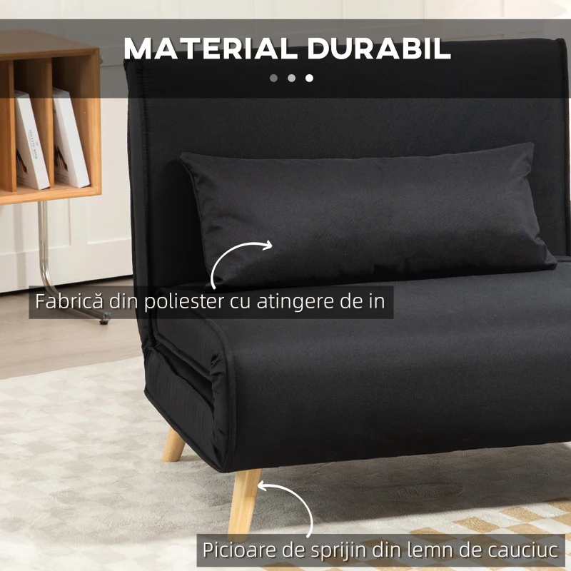 HOMCOM Fotoliu Pat Individual 3 în 1 cu Spătar Reglabil pe 6 Nivele și Pernă, Canapea Pat Pliant, 94x78x80 cm, Negru(m-5)