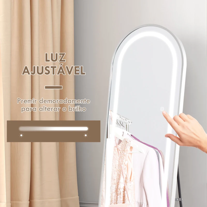 HOMCOM Espelho de Pé com Luzes LED 40x150 cm Espelho de Corpo Inteiro com Iluminação em 3 Cores e Função de Memória Prata