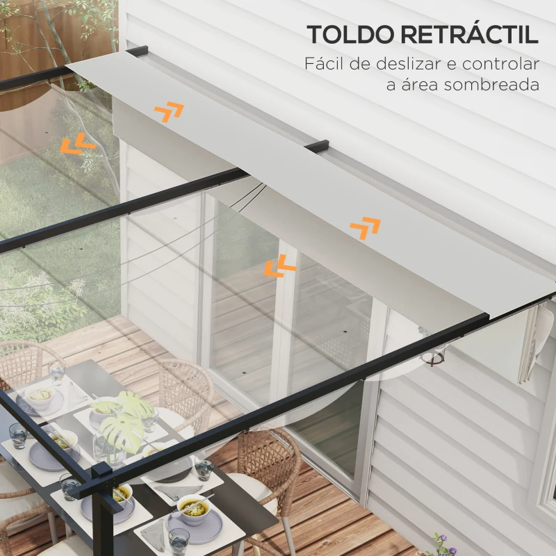 Outsunny Pérgola de Parede de Jardim com Teto Retrátil Tecido de Poliéster e Estrutura de Aço 3,9x2,9 m Creme
