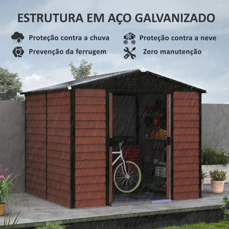 Outsunny Abrigo de Jardim Exterior 4,4 m² 240x206x198 cm Abrigo de Jardim com Porta de Correr e Fechadura  Teca