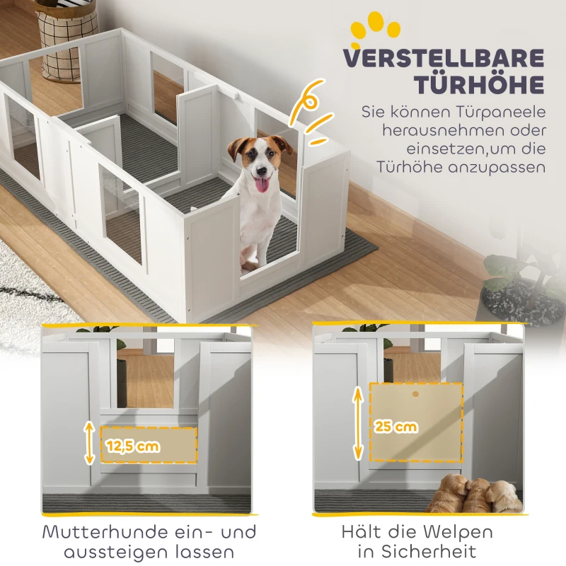 PawHut Puppybox voor Honden met Waterdichte en Wasbare Mat, Heldere Panelen, 2-Room Design, voor Kleine Honden