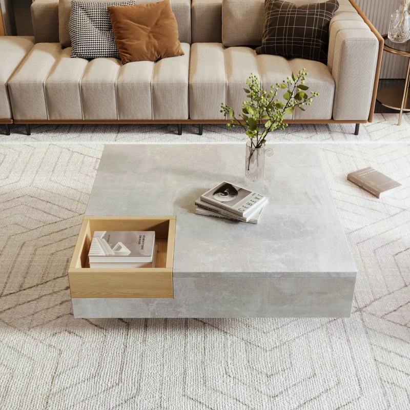 Modern Marble Design Coffee Table with Storage Box, Sturdy Structure, Sofa Table for Living Room, Sitting Room, 72L x 72W x 30H cm, Grey