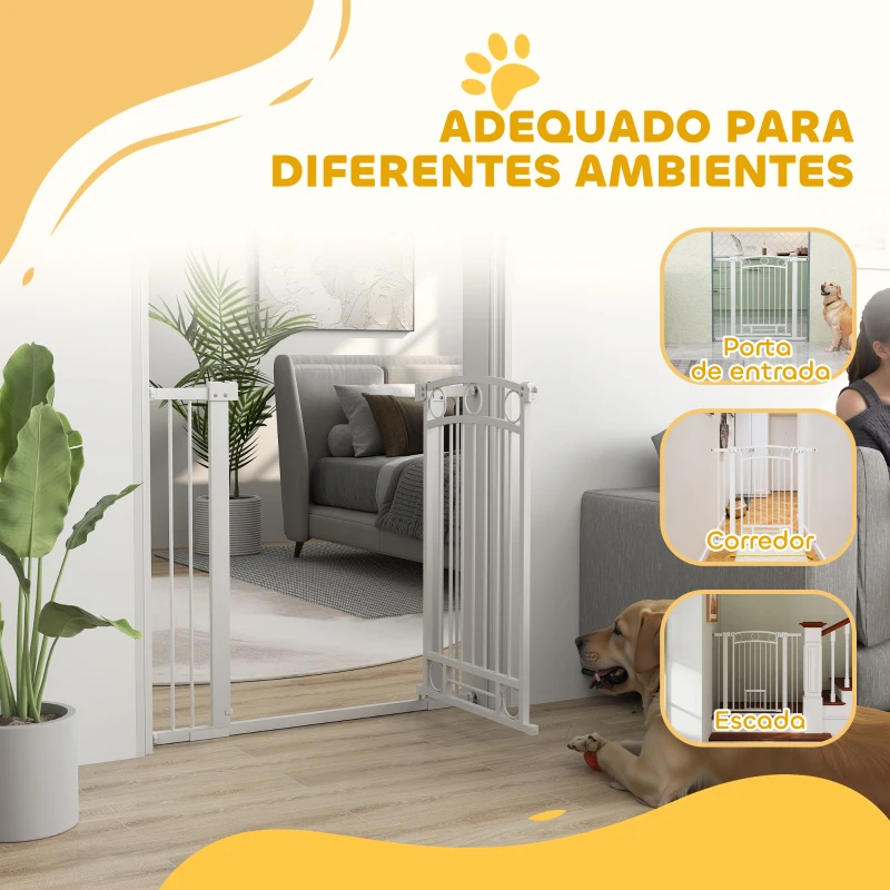 PawHut Barreira de Segurança para Cães com Largura Ajustável 76-104 cm Barreira com 2 Extensões para Escadas e Portas Branco
