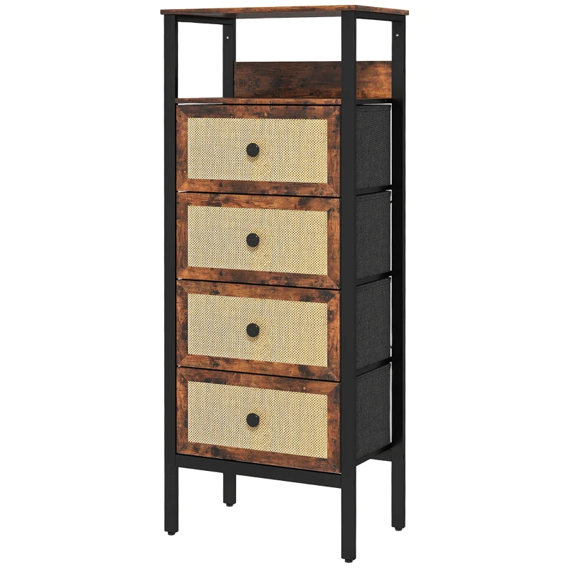 HOMCOM Cómoda de Tecido Cómoda para Dormitório com 4 Gavetas com Frente em Vime Prateleira 50x30x126 cm Marrom Rústico