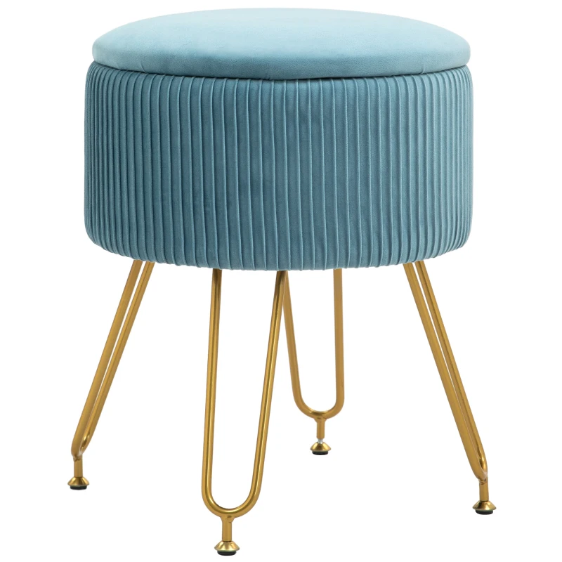 HOMCOM Puff de Armazenamento Estofado em Veludo Banco de Armazenamento com Pés de Aço Ø40x48 cm Azul Claro