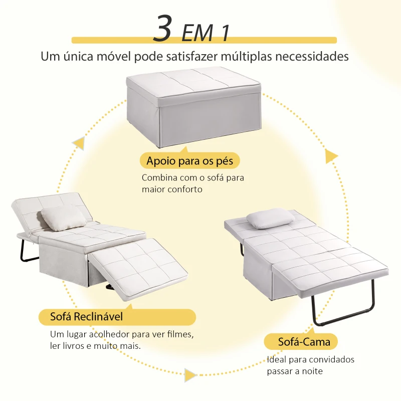 HOMCOM Sofá Cama Individual 3 em 1 Estofado em Linho Reclinável em 5 Posições com Apoio para os Pés e Apoio para a Cabeça 95x189x43 cm Branco Gelo
