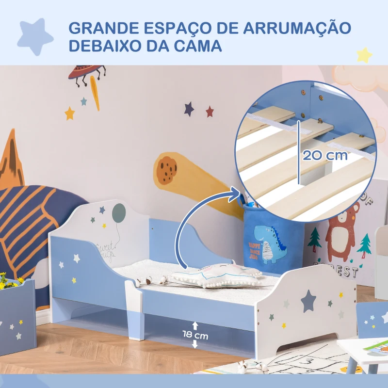 HOMCOM Cama para Crianças 143x74x59 cm Cama Infantil com Desenho em Estrelas Carga 50 kg para Dormitório Azul e Branco