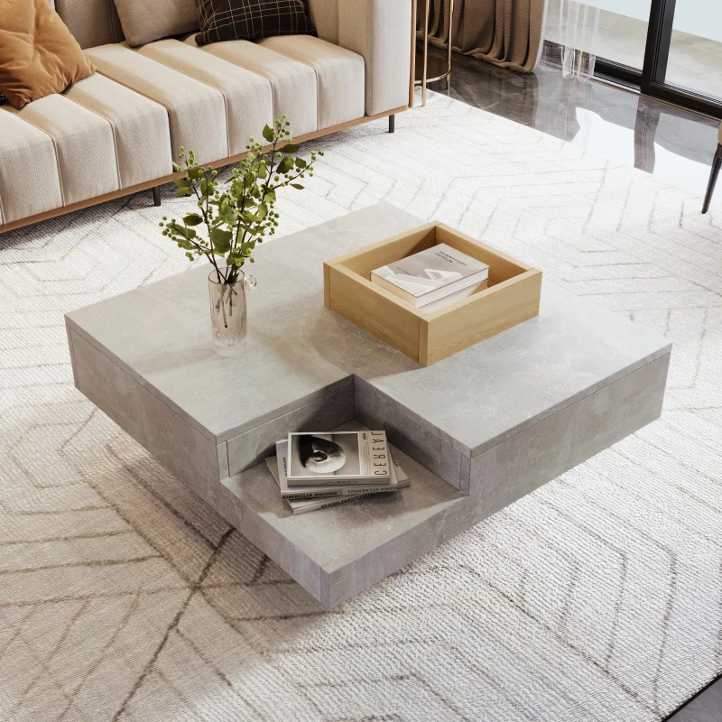 Modern Marble Design Coffee Table with Storage Box, Sturdy Structure, Sofa Table for Living Room, Sitting Room, 72L x 72W x 30H cm, Grey