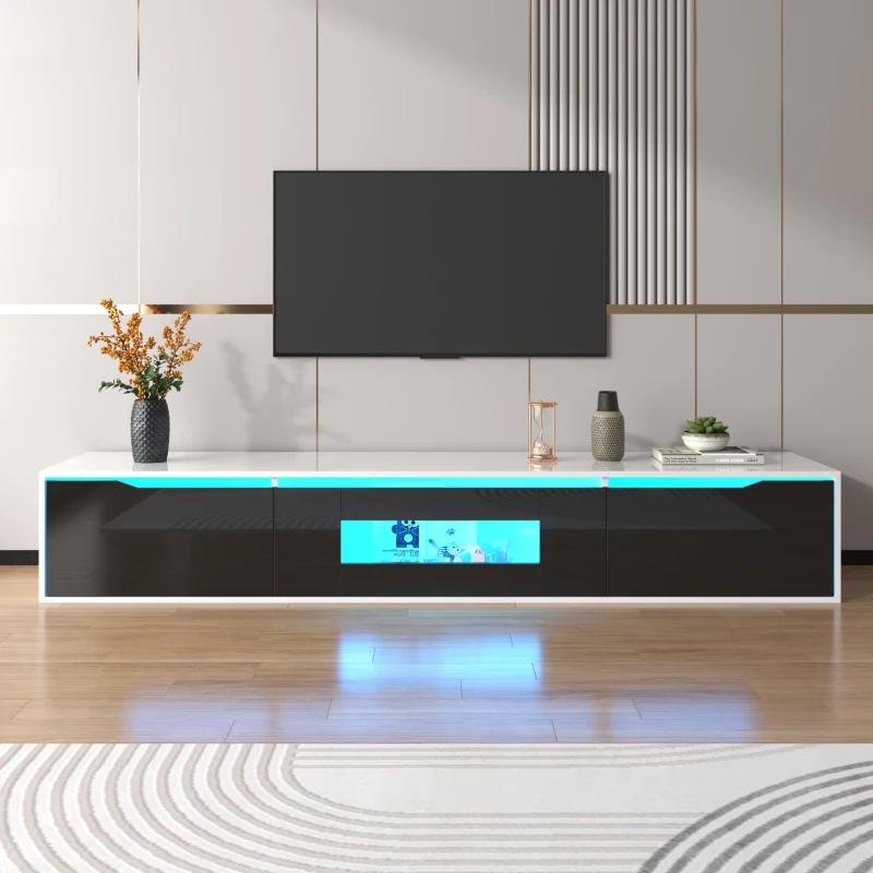 High-Gloss TV Cabinet with LED Lights, Modern Design, Versatile Mounting Options, 180L x 35W x 30H cm, Black
