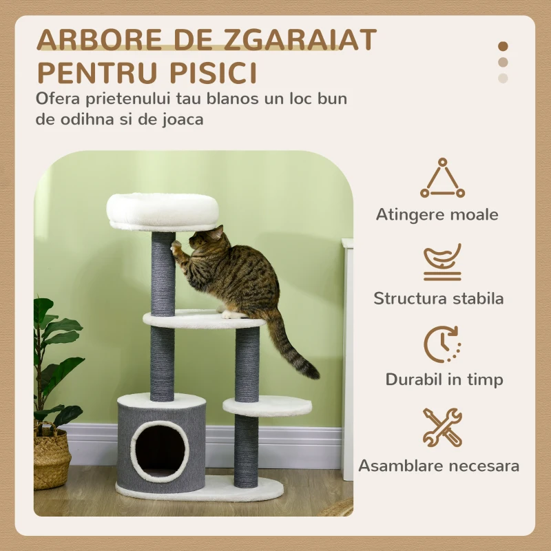 PawHut Ansamblu pentru pisici 98 cm de interior, Turn pentru pisici cu stalp de zgariat, casuta pentru pisici, pat, alb