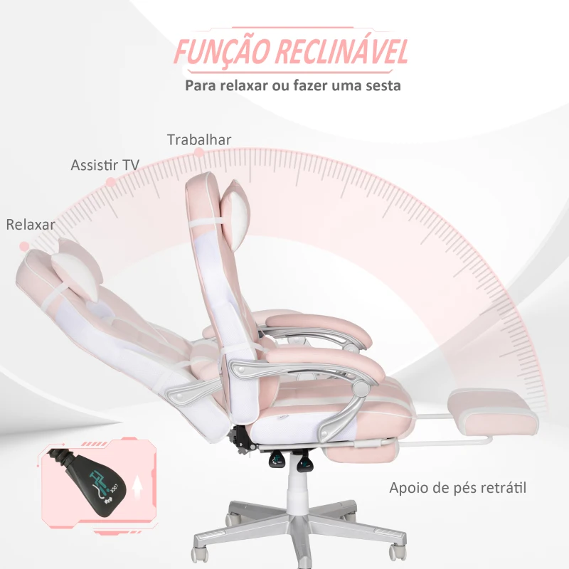 HOMCOM Cadeira Gaming Cadeira de Escritório Reclinável Apoio para os Pés Retrátil Suporte Lombar e Almofada para a Cabeça 63x63x115,5-123 cm Rosa