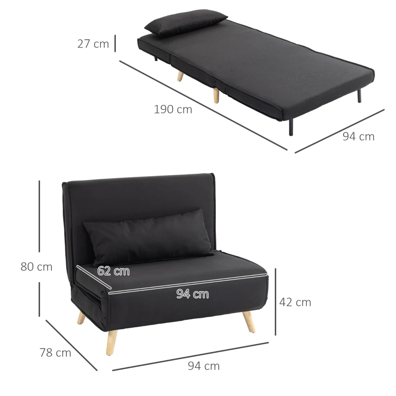 HOMCOM Fotoliu Pat Individual 3 în 1 cu Spătar Reglabil pe 6 Nivele și Pernă, Canapea Pat Pliant, 94x78x80 cm, Negru(m-3)