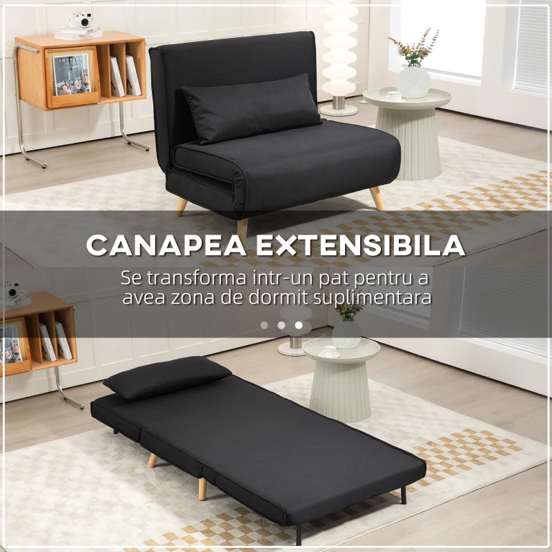 HOMCOM Fotoliu Pat Individual 3 în 1 cu Spătar Reglabil pe 6 Nivele și Pernă, Canapea Pat Pliant, 94x78x80 cm, Negru(m-4)