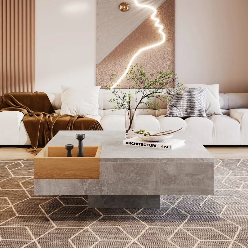 Modern Marble Design Coffee Table with Storage Box, Sturdy Structure, Sofa Table for Living Room, Sitting Room, 72L x 72W x 30H cm, Grey